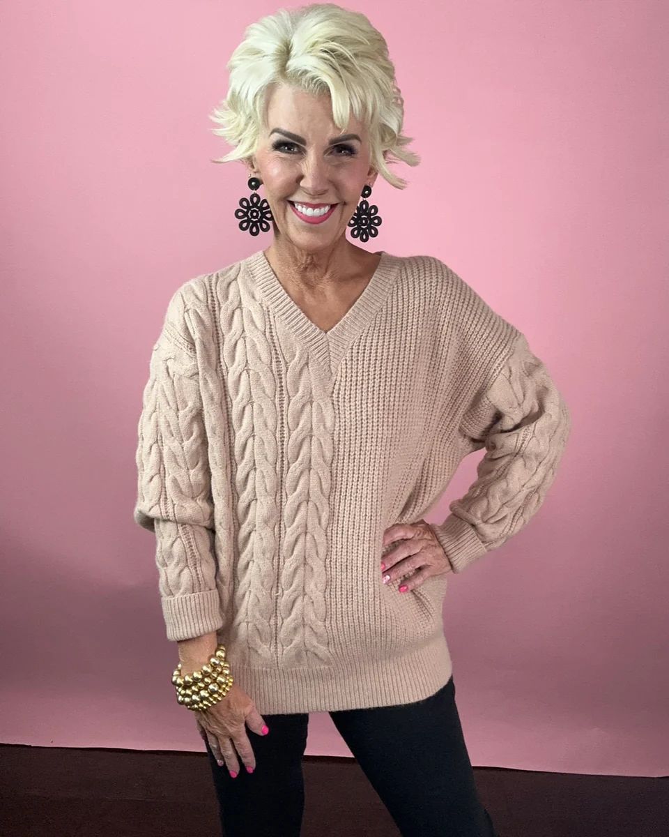Taupe Cable V Neck Sweater | Peppered with leopard