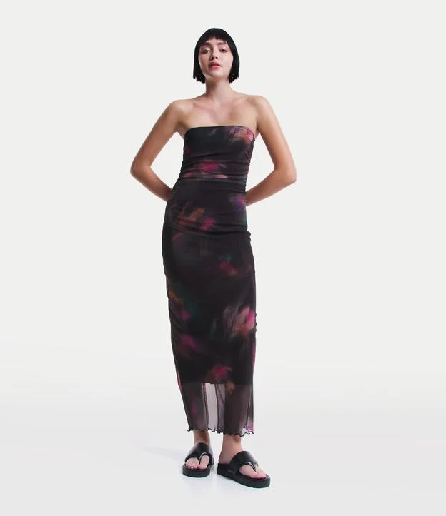 Vestido New Midi em Tule co, Drapeado e Estampa Floral Abstrata Preto | Renner (BR)
