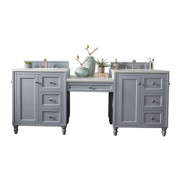 Copper Cove Encore 90.25" D Vanity Set, Silver Gray w/Makeup Tbl. - 3 cm Classic White Quartz Top | Bed Bath & Beyond