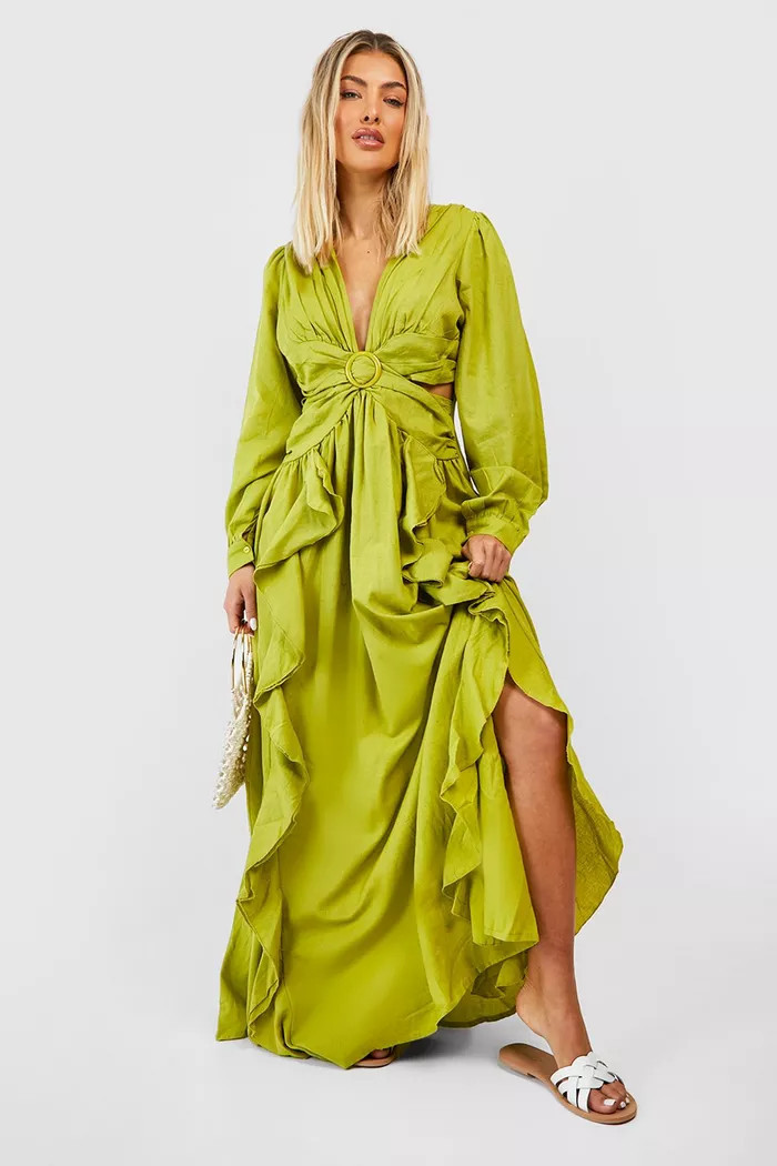 Linen Cut Out Ruffle Maxi Dress | boohoo (US & Canada)