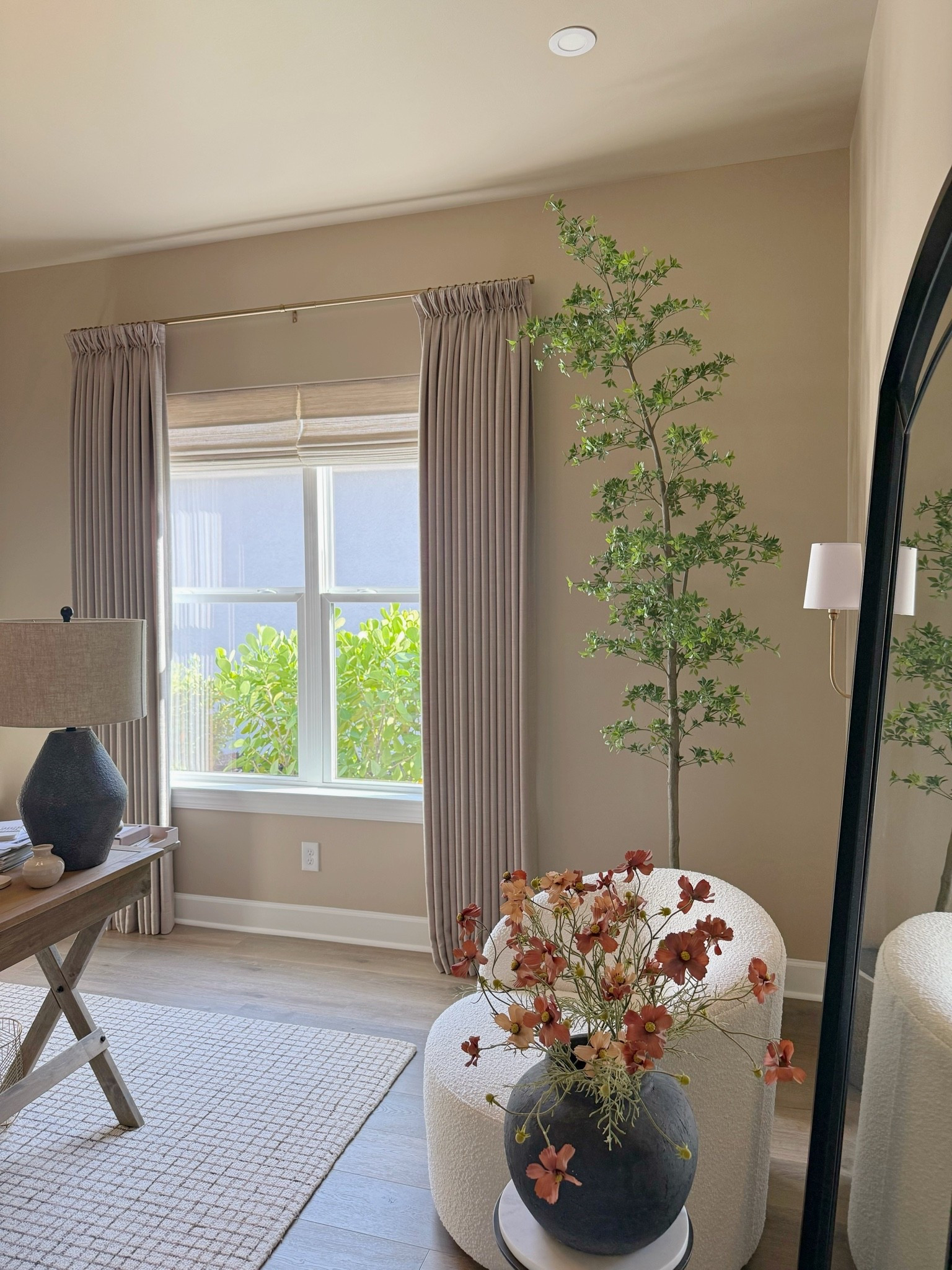 Good morning! Home Office details… ✨

Curtain details:
Liz Linen
Burlywood Birch
Triple Pleat
75W x 104L
Room darkening
Memory shaped

#homeoffice #office #officedecor #customcurtains #customdrapes #twopagescurtains #accentchair #floormirror #springflowers #olivetree #shadylady #potterybarn #officedesk #arearug #homedecor #organicmodern