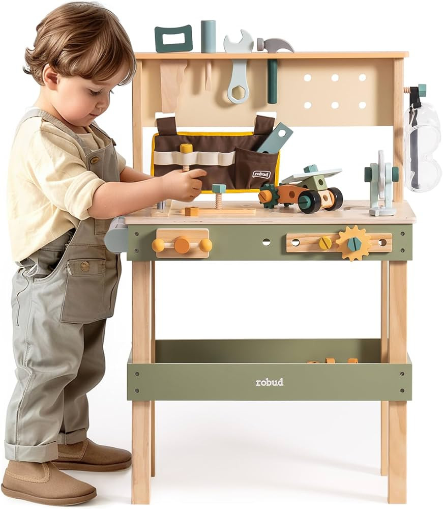 ROBUD Toddler Pretend Play Kids Workbench - Wooden Construction Toy with Tool Belt, Goggles, and ... | Amazon (US)