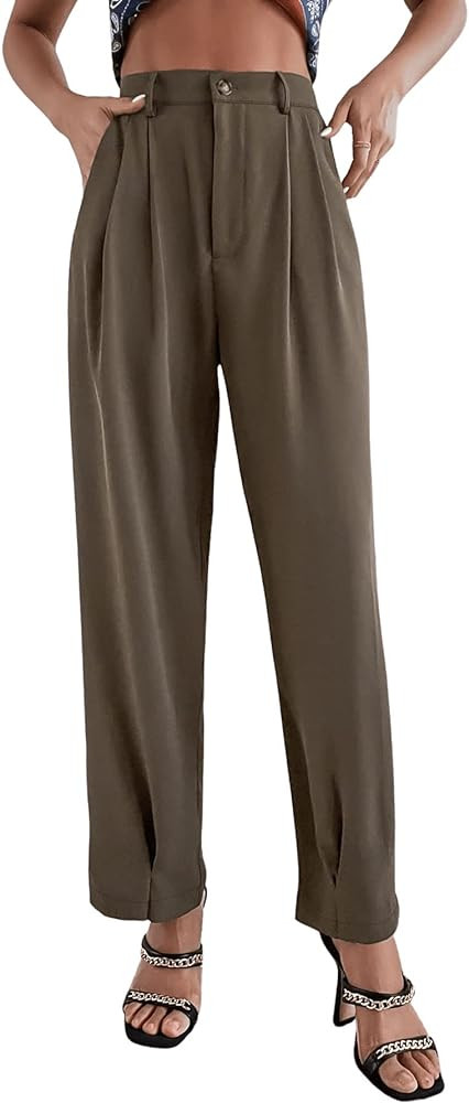 SweatyRocks Women's Casual High Waist Fold Pleated Straight Leg Trousers Work Pants with Pocket | Amazon (US)