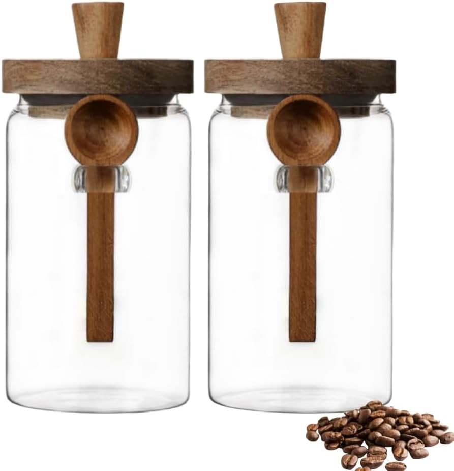 2 Pack Glass Jars with Wooden Lids & Spoons, 34oz Food Storage Containers Coffee Jar Coffee Grounds Container, Food Storage Canister | Amazon (US)