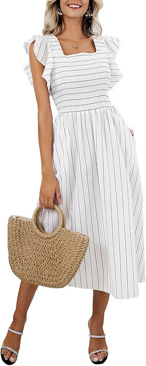 Miessial Women's Striped Linen Long Dress Elegant Ruffle Cap Sleeves Midi Dress | Amazon (US)