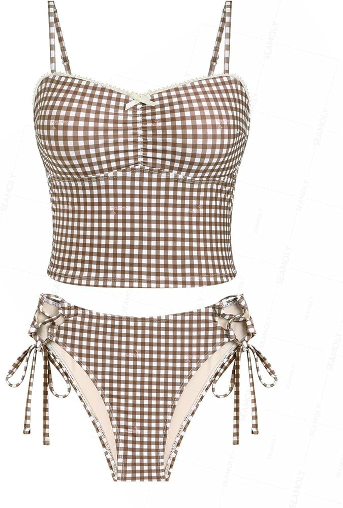 seamoly Women’s Cute Tankini Set Gingham Two Piece Swimsuits with Bow Back Tie Side Bottom | Amazon (US)