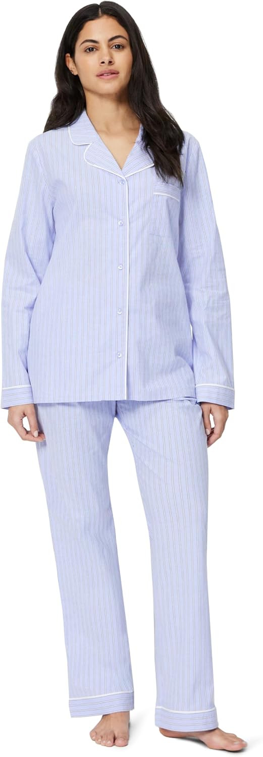 Amazon Essentials Women's Cotton Stretch Poplin Pajama Set, Short Sleeve Button-Down with Shorts | Amazon (US)