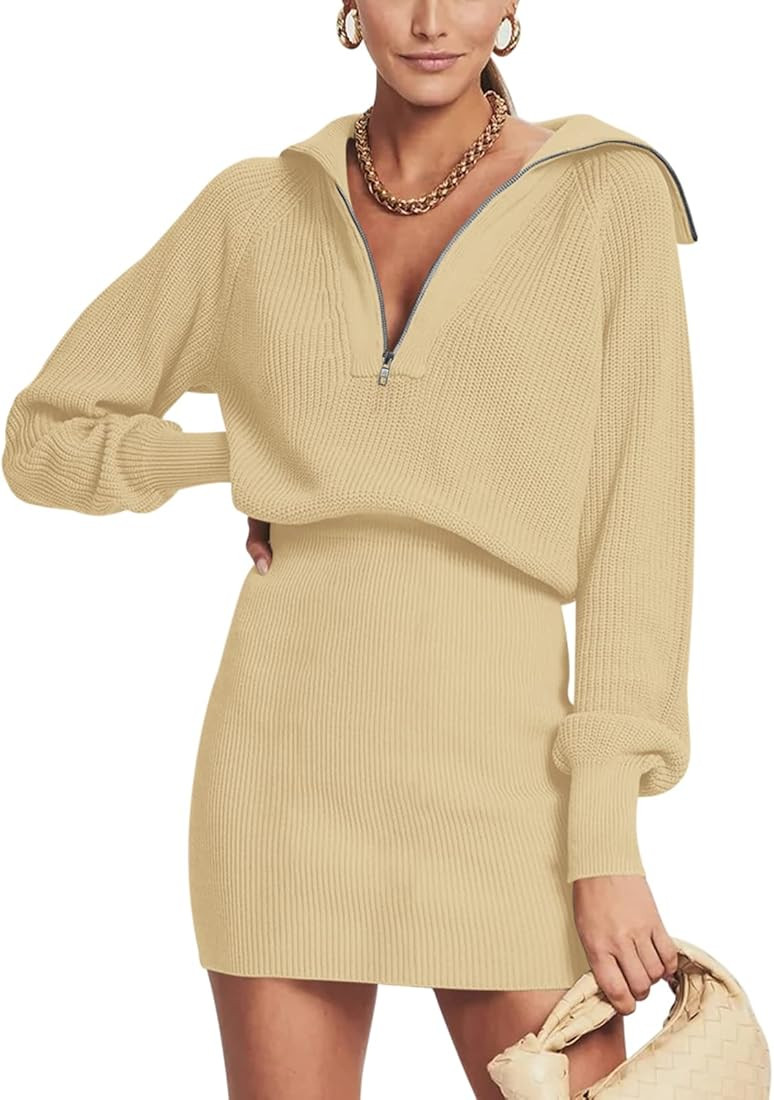 DEEP SELF Women's Casual Long Sleeve Bodycon Sweater Dresses Fall Half Zip V Neck Slim Fit Ribbed... | Amazon (US)