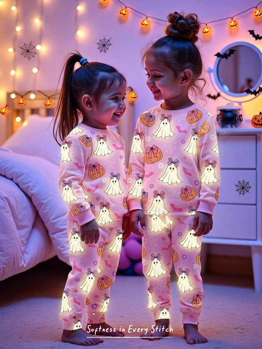 Cozy Pixies Kids Baby Girl Cute Halloween Naughty Little Ghost, Pink Bow Pumpkin Floral Pattern, Ghostly Adorable, Trick Or Treat, Little Girl Casual Simple Comfortable Long Sleeve Long Pants Loungewear Suitable For Autumn/Winter Snug Fit, Scream Outdoor Picnic, Outing, Street Style, Home Tight Fit | SHEIN
