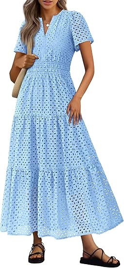 PRETTYGARDEN Womens 2026 Summer Maxi Dress Short Sleeve V Neck Hollow Out Eyelet A Line Long Flow... | Amazon (US)