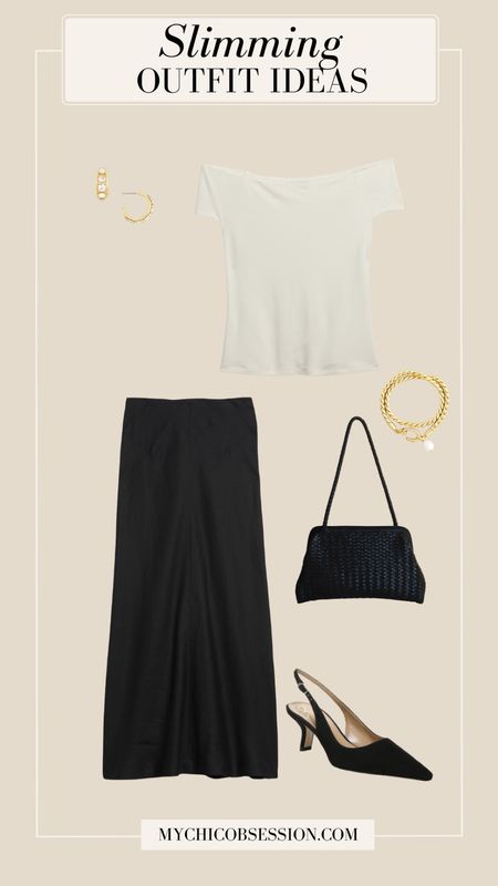 An off-the-shoulder top is a great way to start a slimming outfit. On the bottom, try a satin slip skirt in a midi or maxi version. Accessorize with slingback heels with a pointed toe, gold jewelry, and a woven handbag.

#LTKStyleTip #LTKSeasonal