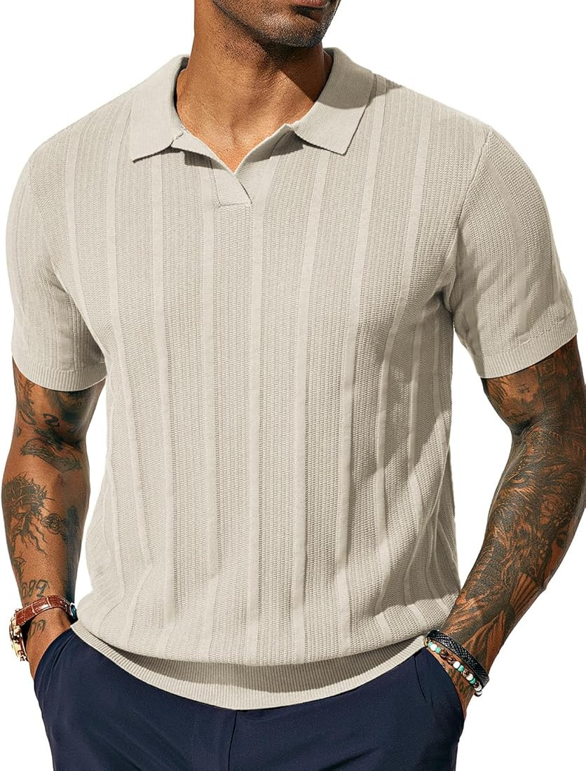 PJ PAUL JONES Mens Polo Shirts Textured Knit V-Neck Summer Shirts | Amazon (US)