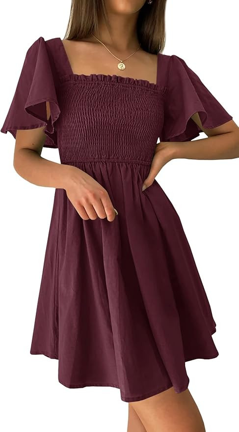 Wenrine Women's Square Neck Short Ruffles Sleeve Casual Summer Beach Solid Swing Flared Short Min... | Amazon (US)