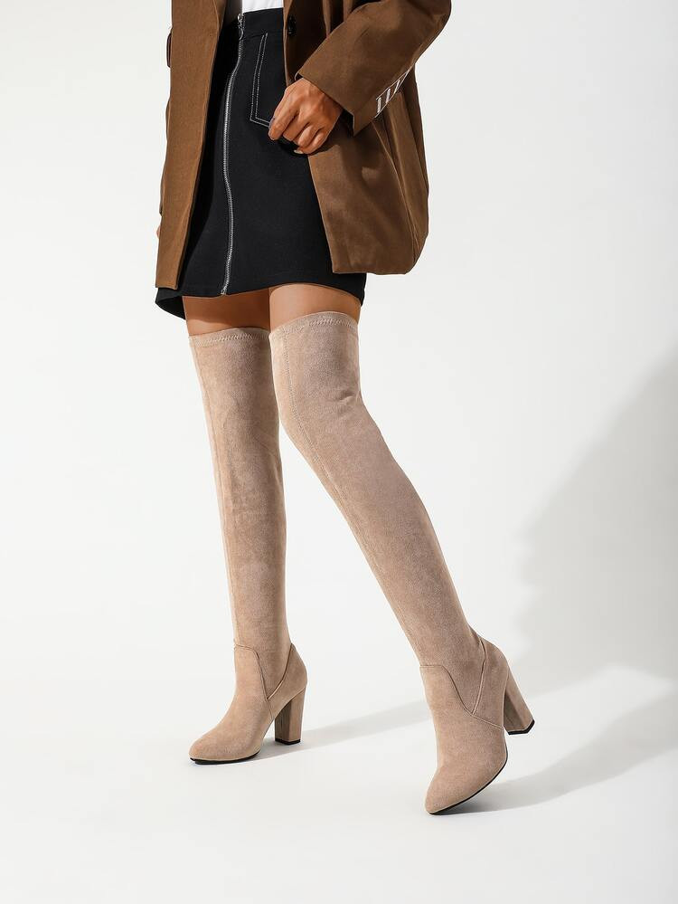 Faux Suede Point Toe Chunky Heeled Sock Boots | SHEIN