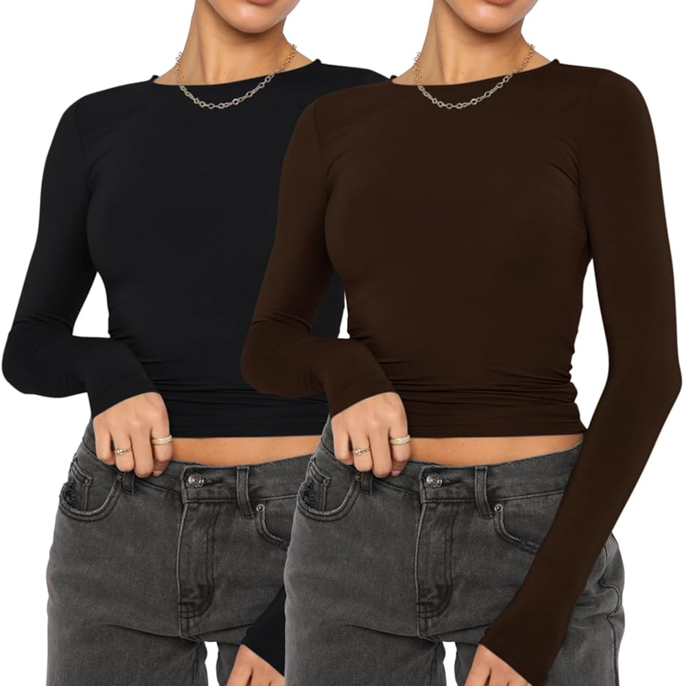 AKEWEI Long Sleeve Crop Tops for Women 2 Pack Fall Going Out Outfits Cute Tight Basic Tees Shirt | Amazon (US)