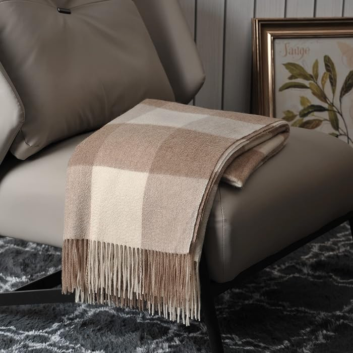 100% Pure Cashmere Throw Blanket for Sofa, Neutral Checkered | Amazon (US)