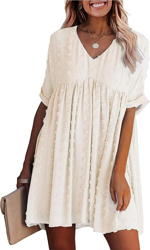 KIRUNDO 2021 Summer Women s Mini Dress Short Sleeves Sexy V Neck Flowy Dress Swiss Dot Faux Short Loose Fit Pregnant Dress Apricot Medium | Amazon (US)