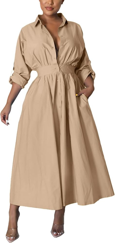 Rooscier Women's Collar V Neck Flared Long Sleeve High Waist Button Down Long Shirt Dress | Amazon (US)