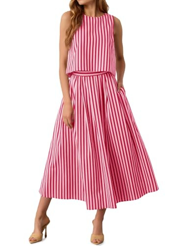 Amazon.com: Tankaneo Womens 2 Piece Skirt Sets Summer Striped Sleeveless Tank Tops Midi Dress Tra... | Amazon (US)
