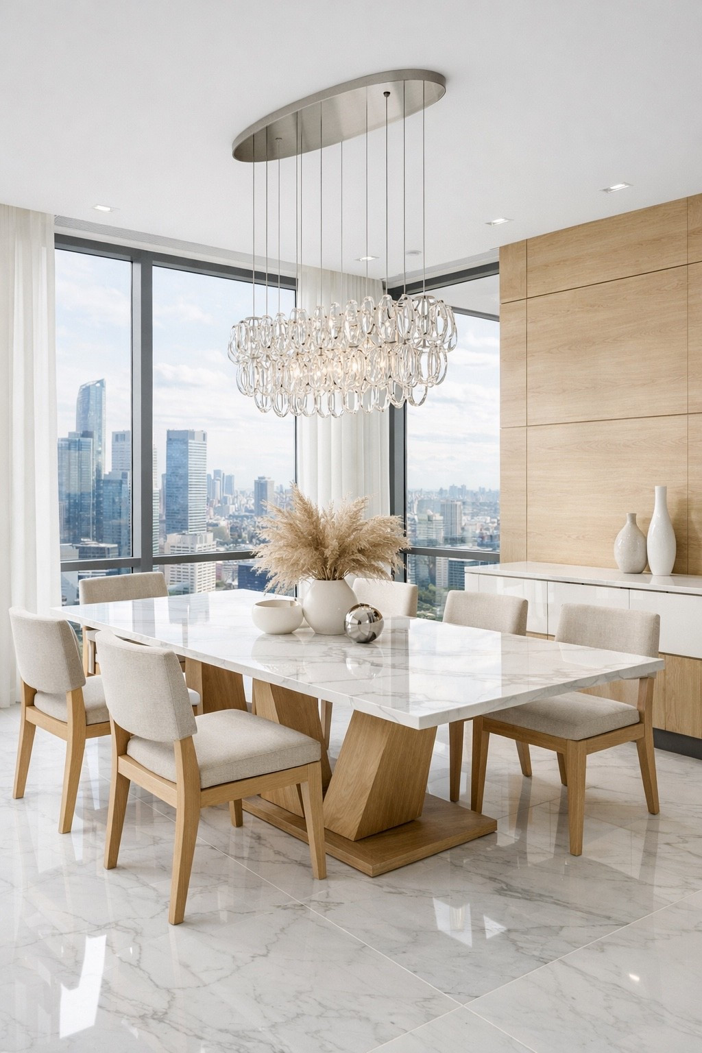 This elegant modern dining room features a stunning marble dining table, upholstered chairs and a sparkling crystal chandelier that adds a luxurious touch. Floor-to-ceiling windows bring in natural light and beautiful city views, while warm wood accents and neutral tones create a refined and timeless interior. Perfect inspiration for a modern luxury dining space.

#luxurydiningroom
#moderninterior
#marblediningtable
#luxuryhome
#interiordesignideas
#diningroomdesign
#modernhomeinspo
#luxuryinteriors
#diningroominspo
#neutralinterior
#modernliving
#contemporaryhome
#homeinspiration
#elegantinterior
#interiordecor
