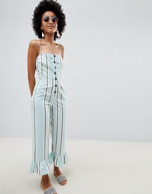 ASOS DESIGN cotton frill hem jumpsuit with square neck and button detail in variated stripe | ASOS (Global)