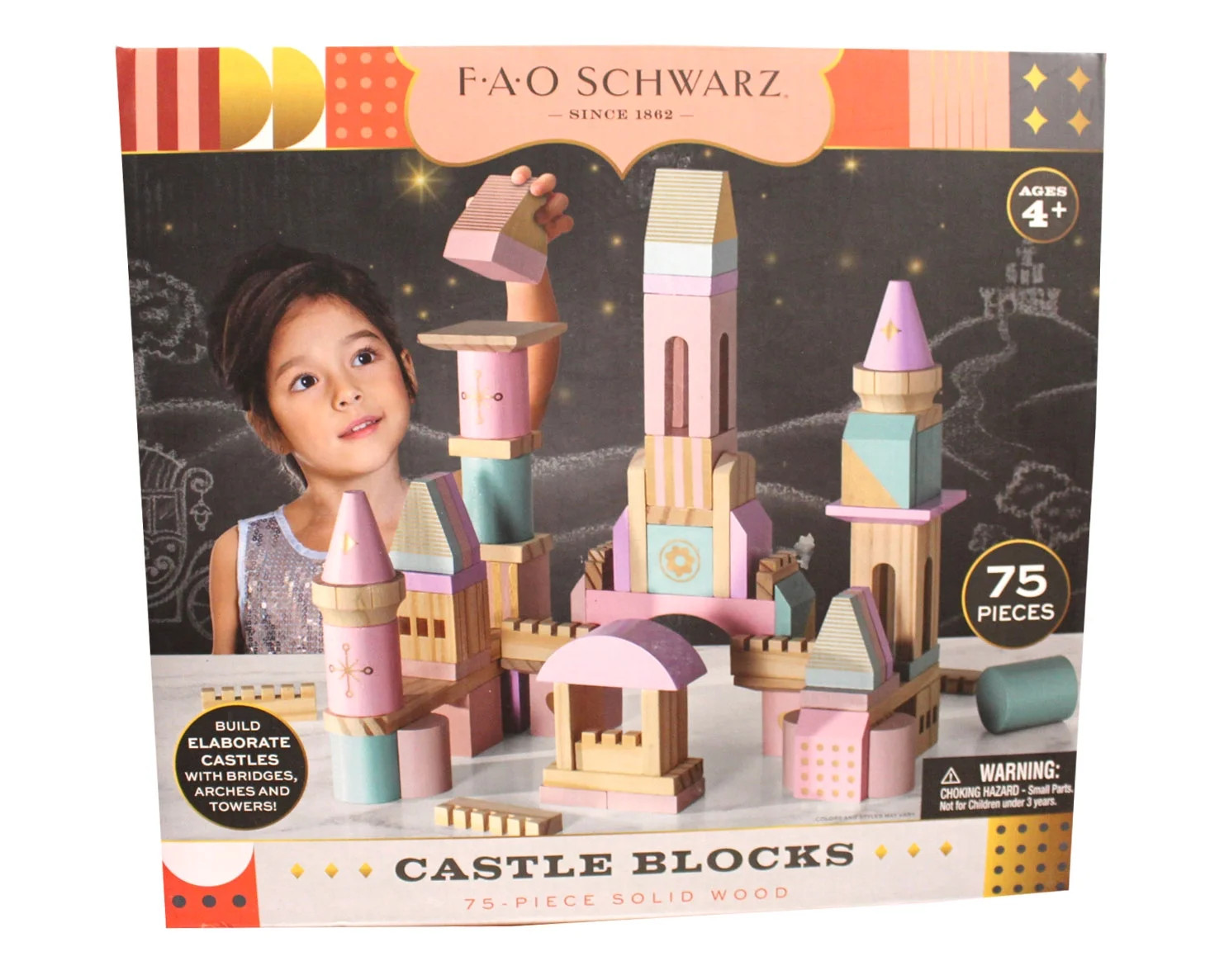 FAO Schwarz Medieval Princesses Wooden Castle Building Blocks Set 75pc New W Box | Walmart (US)