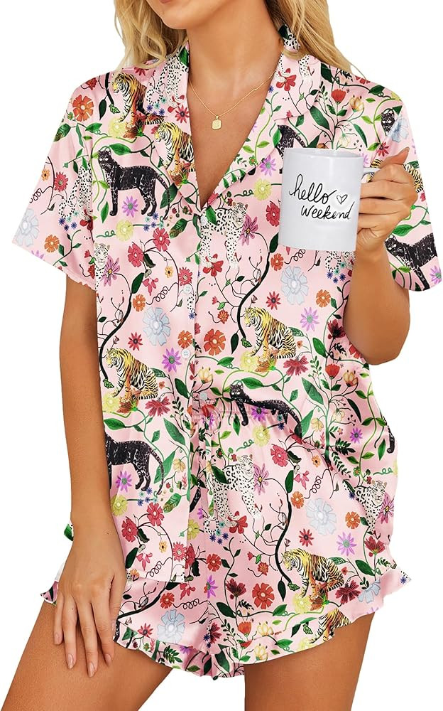 Ekouaer Womens Satin Pajamas Set Button Down 2 Piece Silk Pjs Shorts Set Ruffle Lingerie Notch Co... | Amazon (US)