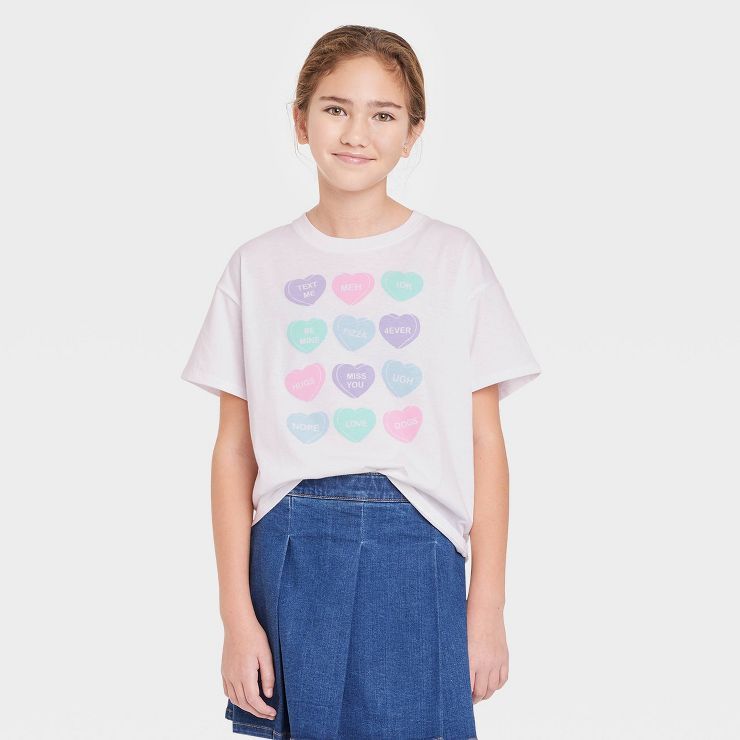 Girls' Boxy Cropped Candy Hearts Short Sleeve Graphic T-Shirt - art class™ White | Target