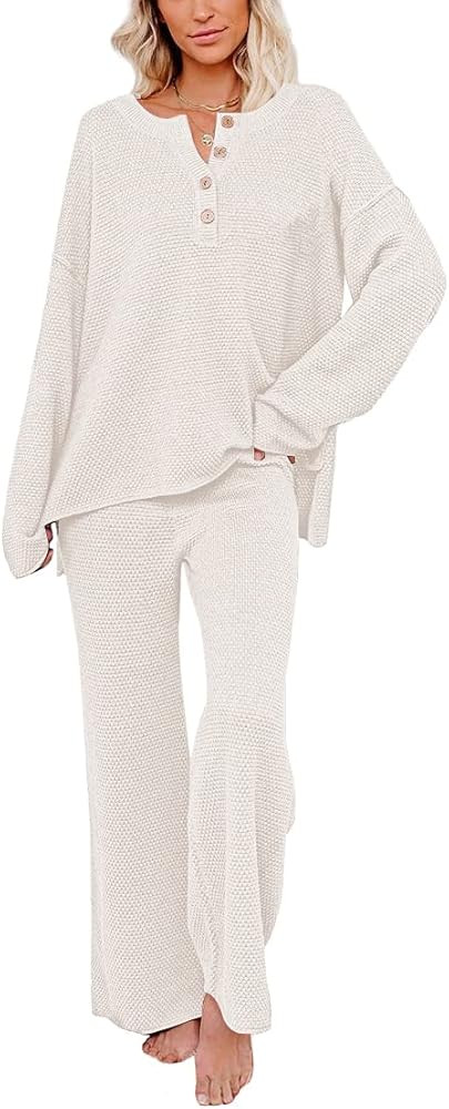 HAPCOPE Women's Waffle Knit Pajama Set 2 Piece Outfit Long Sleeve Top and Wide Leg Pants Tracksui... | Amazon (US)