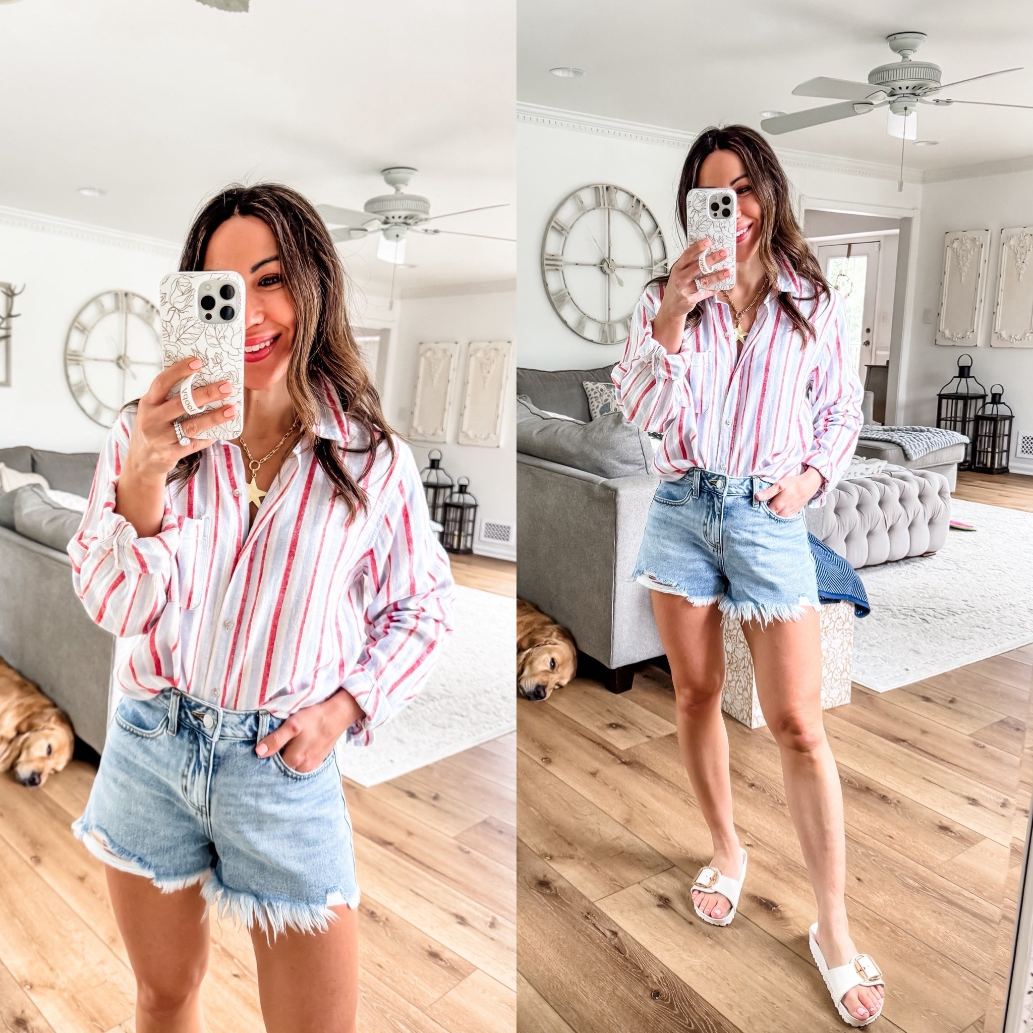 Denim shorts 2. Small button-down shirt. Target fashion.

#LTKOver40 #LTKSaleAlert