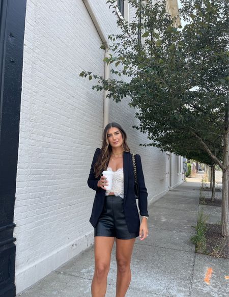 Revolve outfit - blazer - lace crop top - spring outfit - faux leather shorts - high waisted shorts - crop top - smart casual - chic outfit 

#LTKSeasonal #LTKstyletip