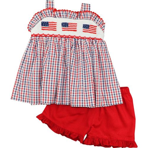 Navy And Red Windowpane Smocked Flag Short Set | Cecil and Lou