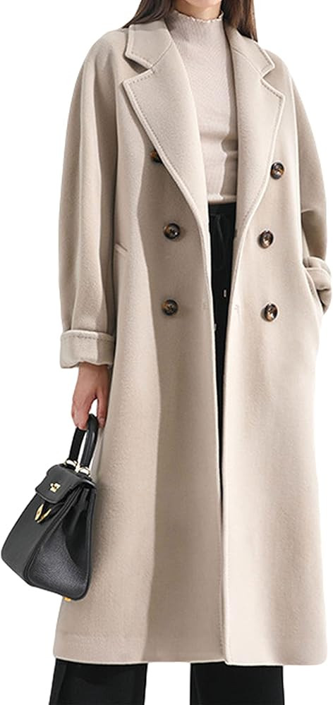 Himosyber Women Wool Blend Pea Coat Camel Notched Collar Double Breasted Outerwear Jacket | Amazon (US)