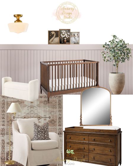 Gorgeous baby girl’s nursery, walnut crib, dark wood dresser, brown rug, storage bench
