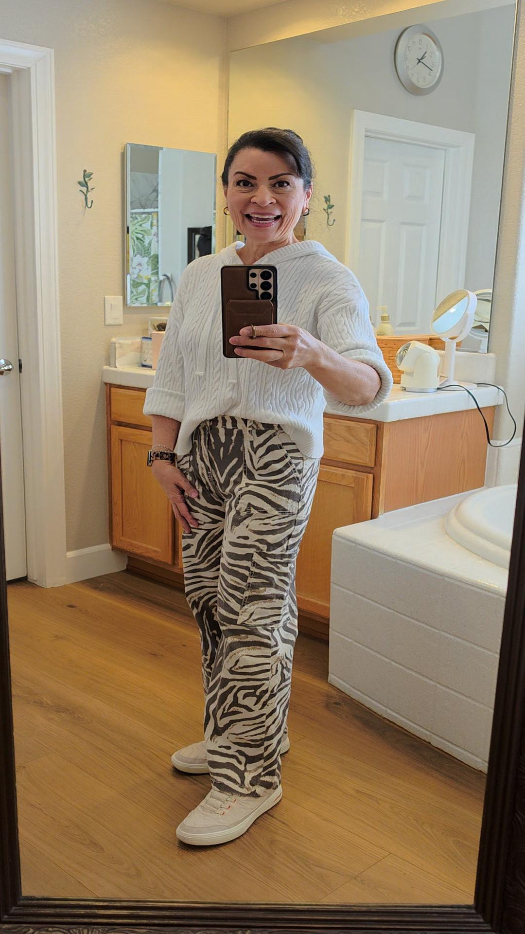 Super easy outfit with pizzazz 🤩Wearing the viral cargo pant from Walmart in the zebra print 🦓 with a simple sweater and comfy shoes  👟 #over50fashion ##midlifefashion #comfyoutfit

#LTKOver40 #LTKMothersDay #LTKootd