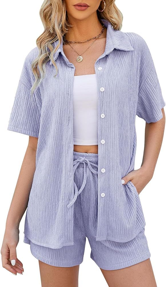 Flygo Womens 2 Piece Casual Outfits Summer Pleated Short Sleeve Top and Set Button Down Shirt Y2K | Amazon (US)