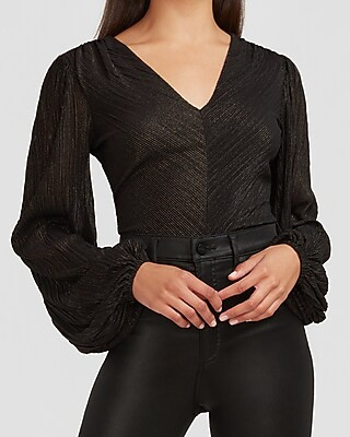 Metallic Pleated Puff Sleeve Thong Bodysuit | Express