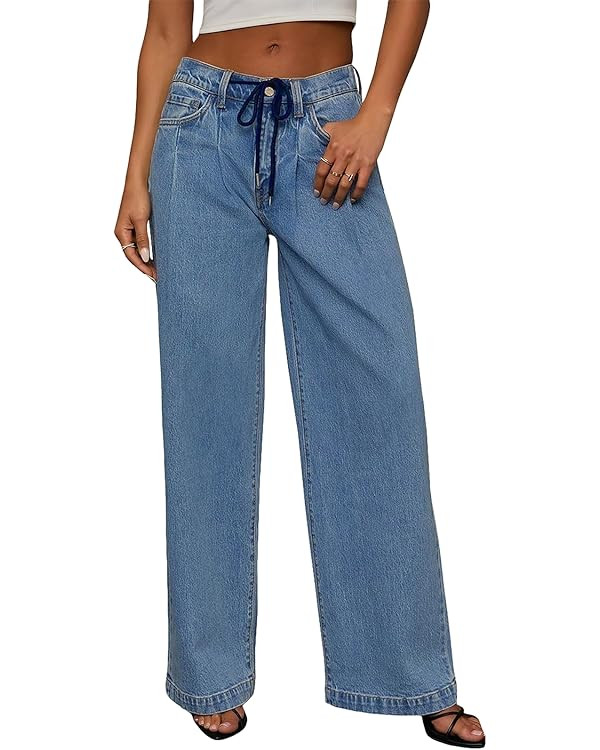 Sidefeel Women's Drawstring Jeans Wide Leg High Waisted Baggy Stretchy Elastic Waist Sweatpant Je... | Amazon (US)