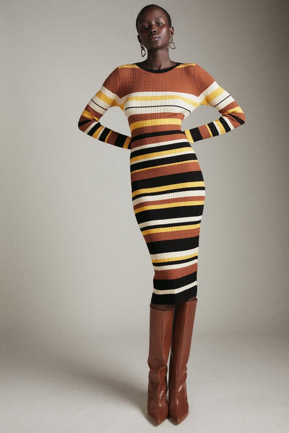 Light Weight All Over Cable Striped Dress | Karen Millen UK & IE
