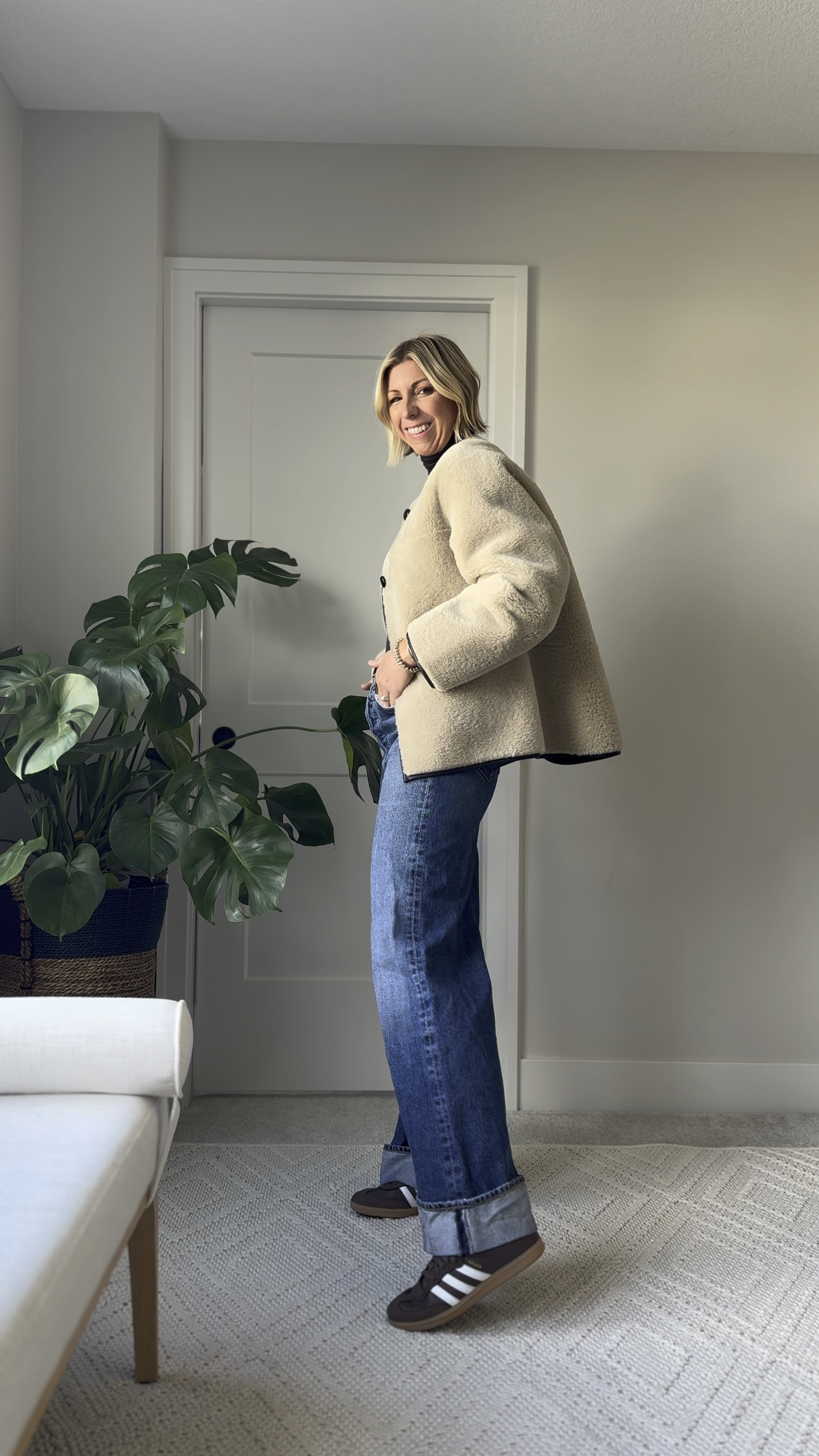 I’ve been living in this cozy Sherpa jacket now that the weathers cold in Iowa! I love how elevated it looks paired with jeans + sneakers. 
Sized up to medium for an oversized fit to layer 

#LTKSeasonal #LTKStyleTip #LTKOver40