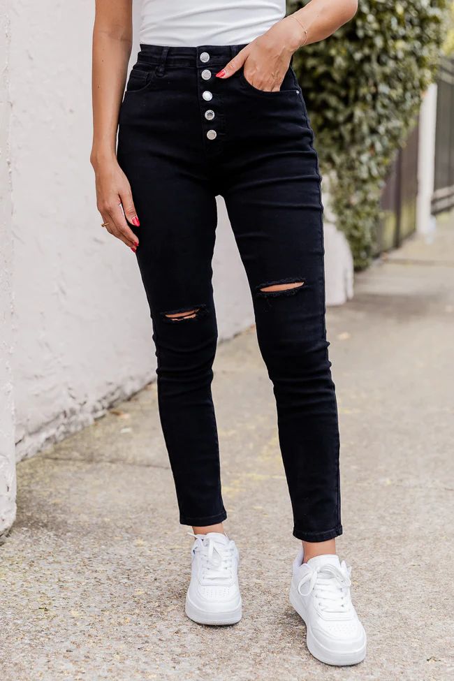 Allison Black Button Fly Distressed Skinny Jeans | Pink Lily