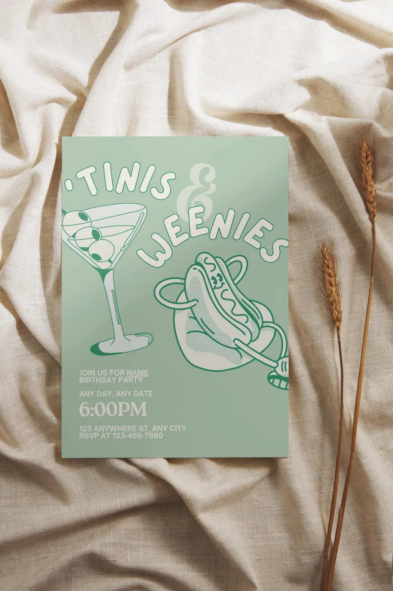 Weenies and 'tinis Birthday Invitation | Printable Hot Dogs & Martinis Party Invite | Editable Te... | Etsy (US)