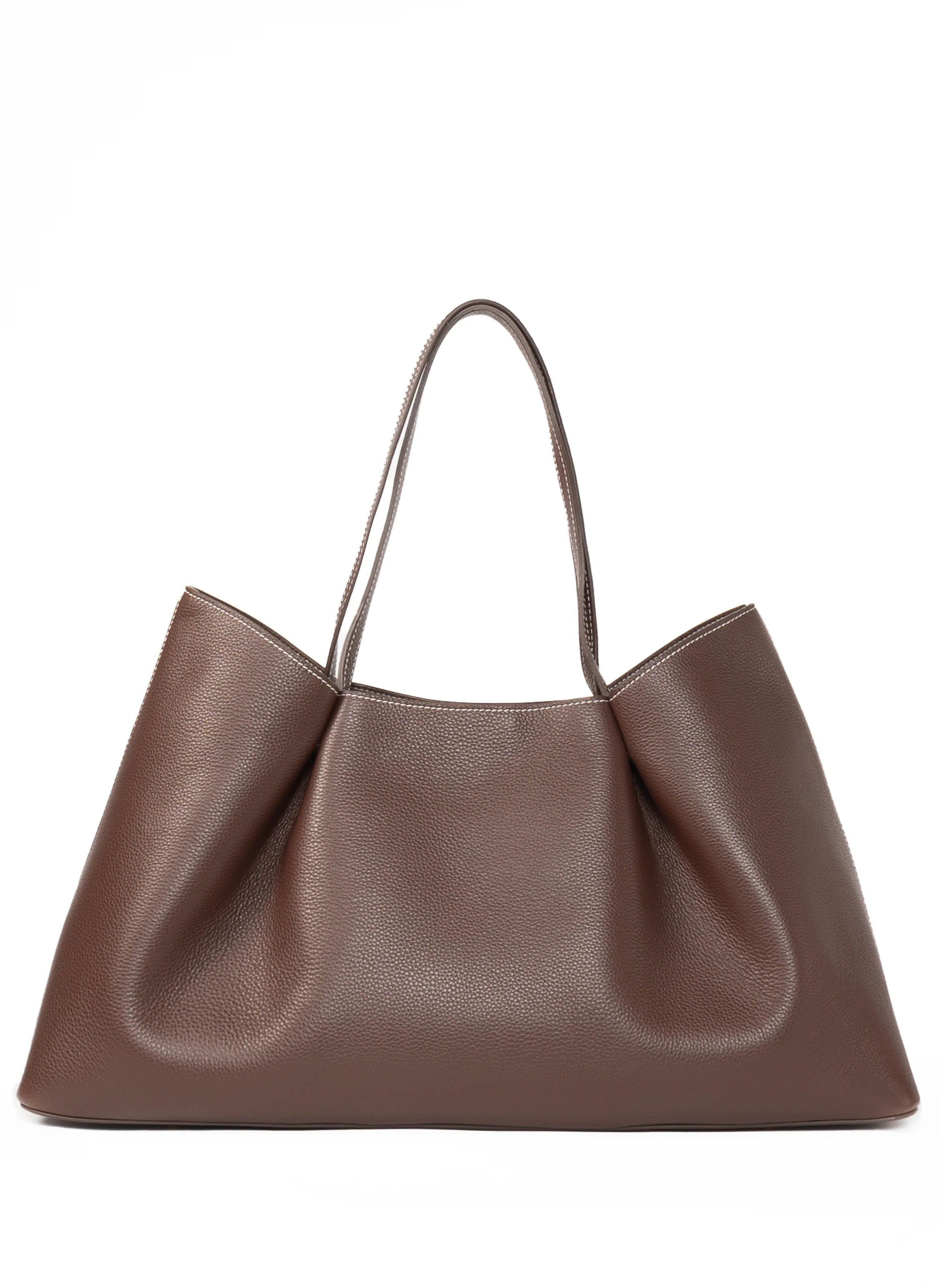 Dimple Tote Pebbled Leather Dark Brown White Stitches - Large Leather Totes - Elleme | Elleme