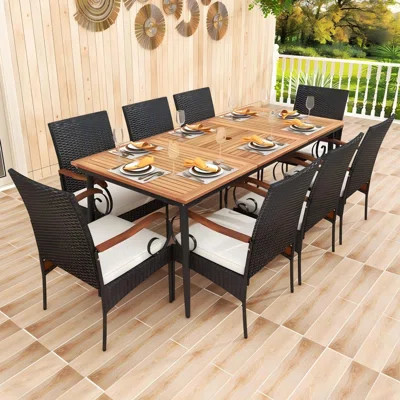 9 Pcs Patio Dining Table Chair Set, 79 In. L Dining Table With Umbrella Hole | Wayfair North America