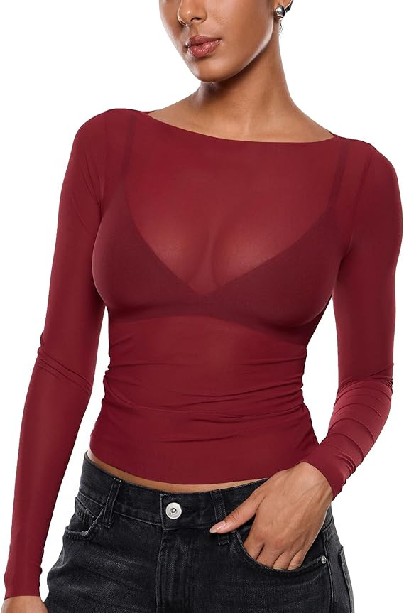 INLYRIC Women's Cosnufy Mesh Sheer Long Sleeve Tops See Through Boat Neck Going Out Tops Trendy S... | Amazon (US)