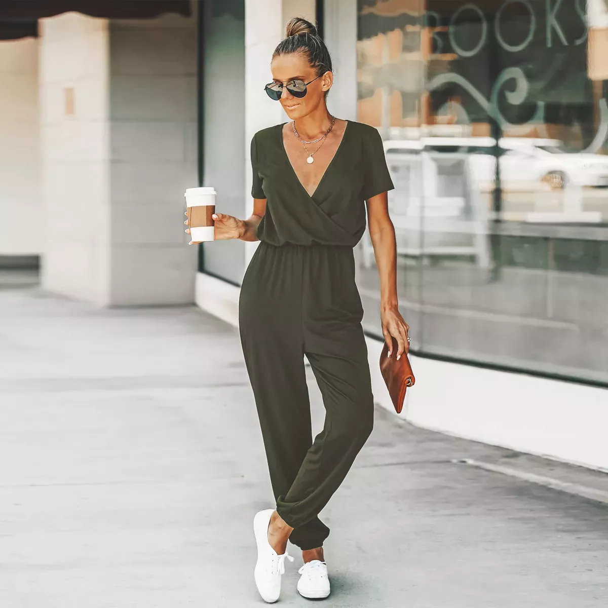  CUPSHE Women's V Neck Casual Loose Short Sleeves Jumpsuit  Elastic Waist Stretchy Long Romper Jumpsuit, Black S : Clothing, Shoes &  Jewelry