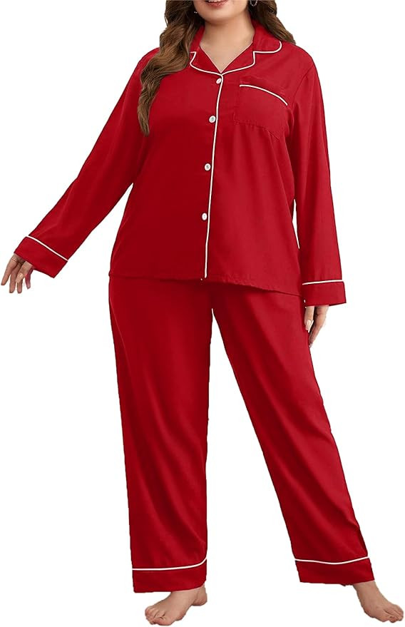 SWOMOG Women's Plus Size Pajamas Set Long Sleeve Sleepwear Button Down Tops Soft Pajama Pants 2 P... | Amazon (US)