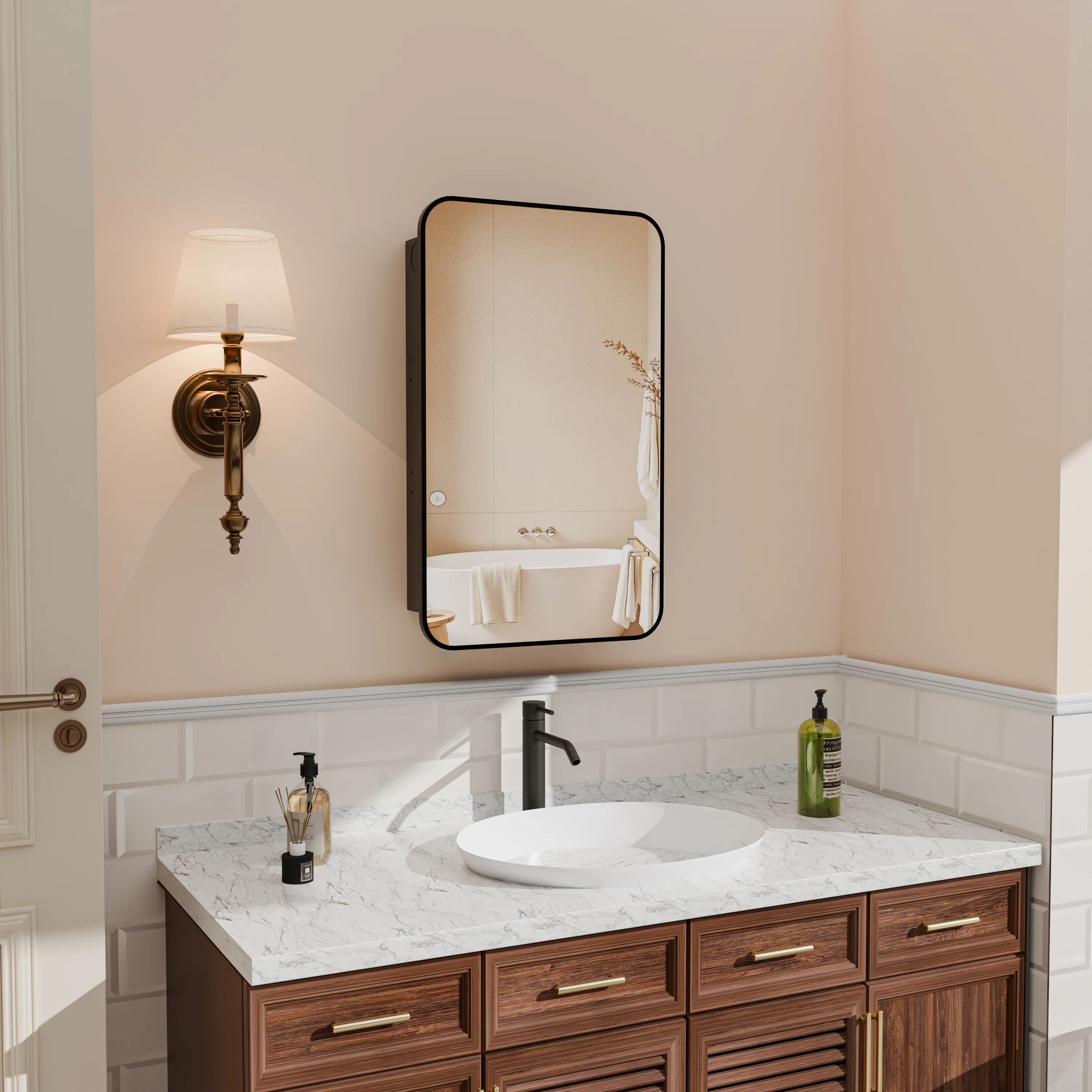 Recessed Bathroom Medicine Cabinet With Mirror And Adjustable Tempered Glass Shelves In Black | Wayfair North America