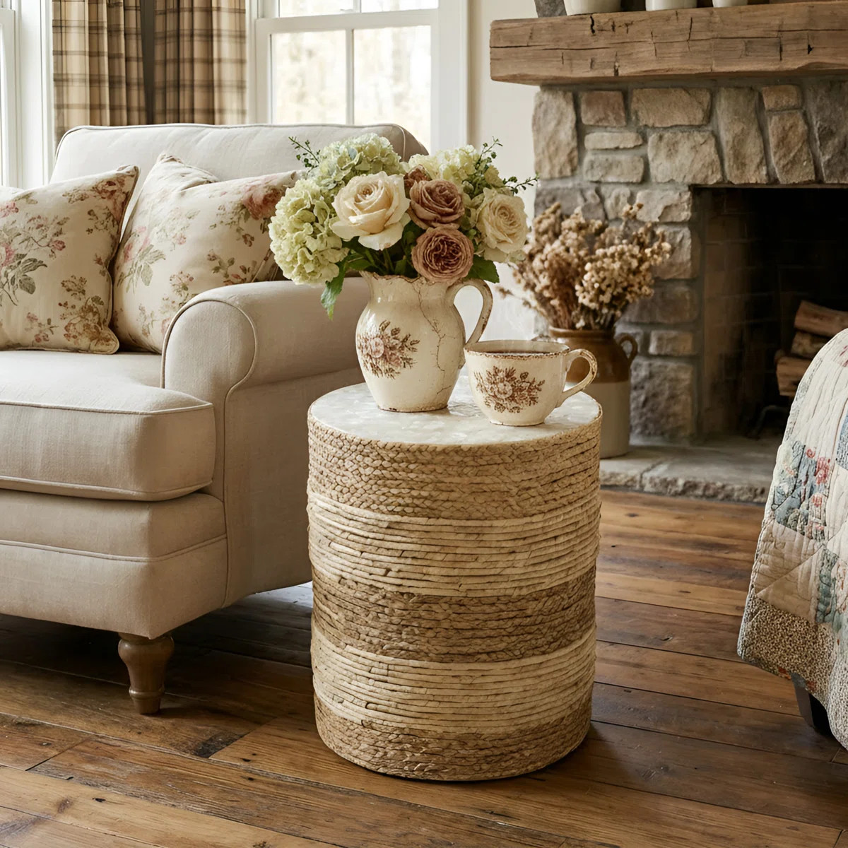 Hand Knitted Traditional Cord Boho Side Table With Mother Of Pearl Shell End Table | Wayfair North America