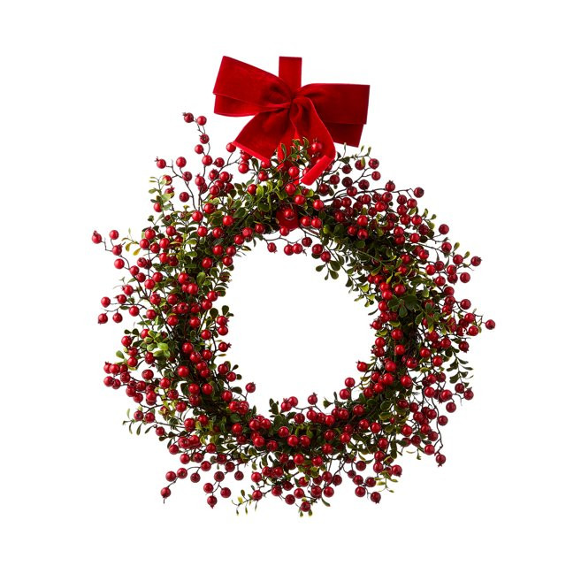 Holiday Time Non-Lit Red Berry Velvet Bow Boxwood Wreath Decor, 24" tall, 20.46 oz | Walmart (US)